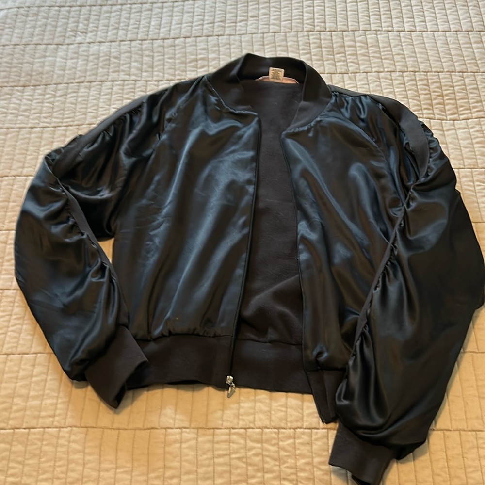 XS Victoria secret bomber jacket. Satin black with zipper
